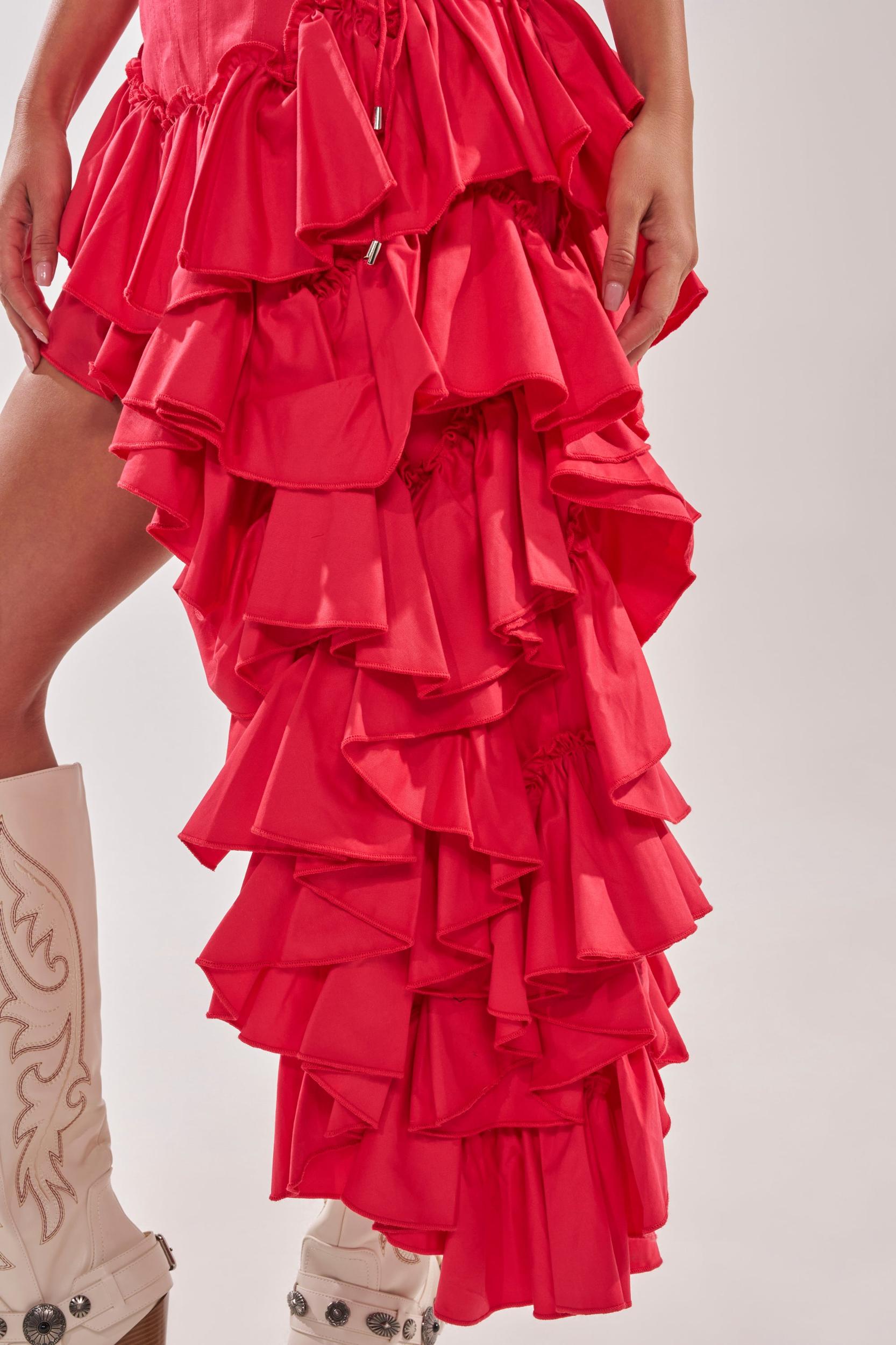 CLAIRE HIGH LOW RUFFLE SKIRT IN RED Product Image