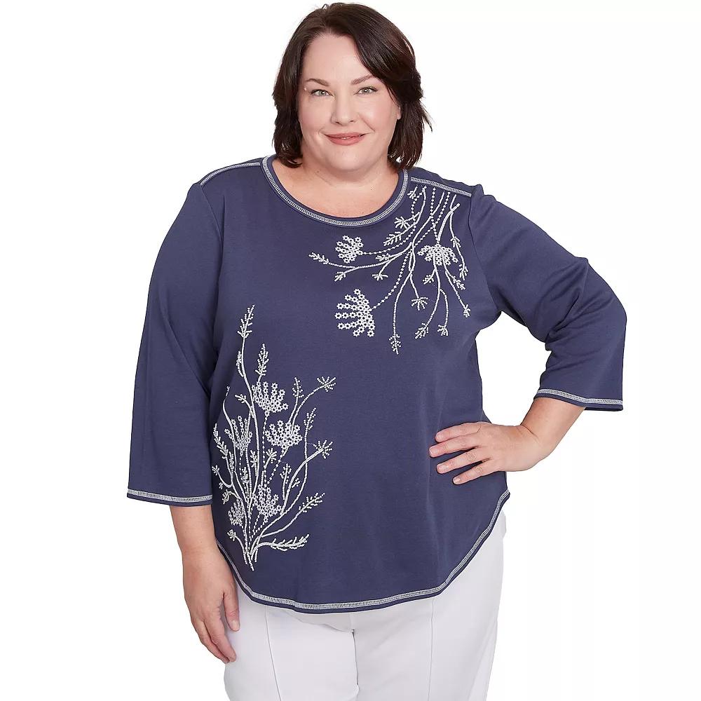 Plus Size Alfred Dunner Asymmetric Floral Embroidered Top, Women's, Size: 3XL, Marine Blue Product Image