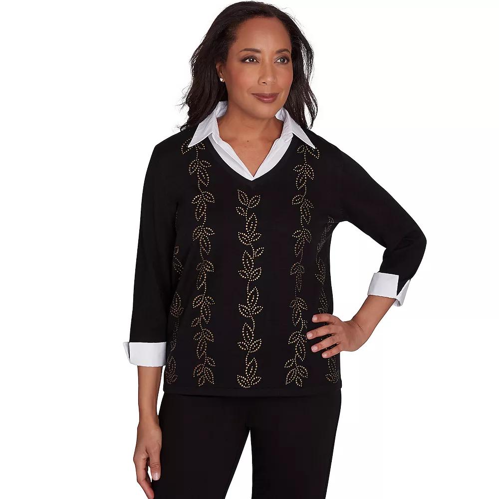 Women's Alfred Dunner Beaded Embroidered Cozy Two in One Top, Size: XL, Black Product Image
