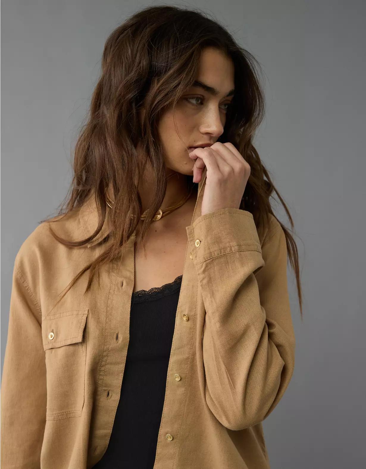 AE Weekend Vibes Linen-Blend Long-Sleeve Button-Up Shirt Product Image