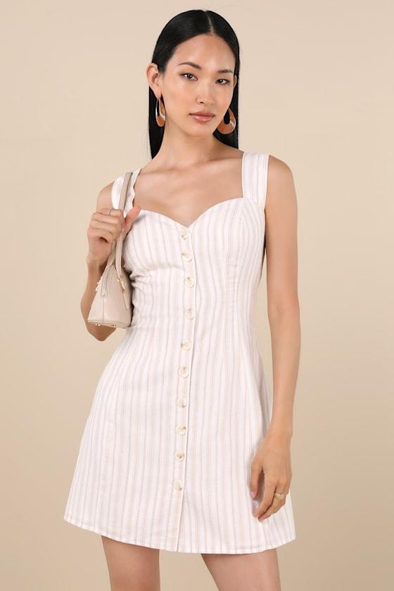 Sarie Ivory and Beige Striped Button-Front Mini Dress Product Image
