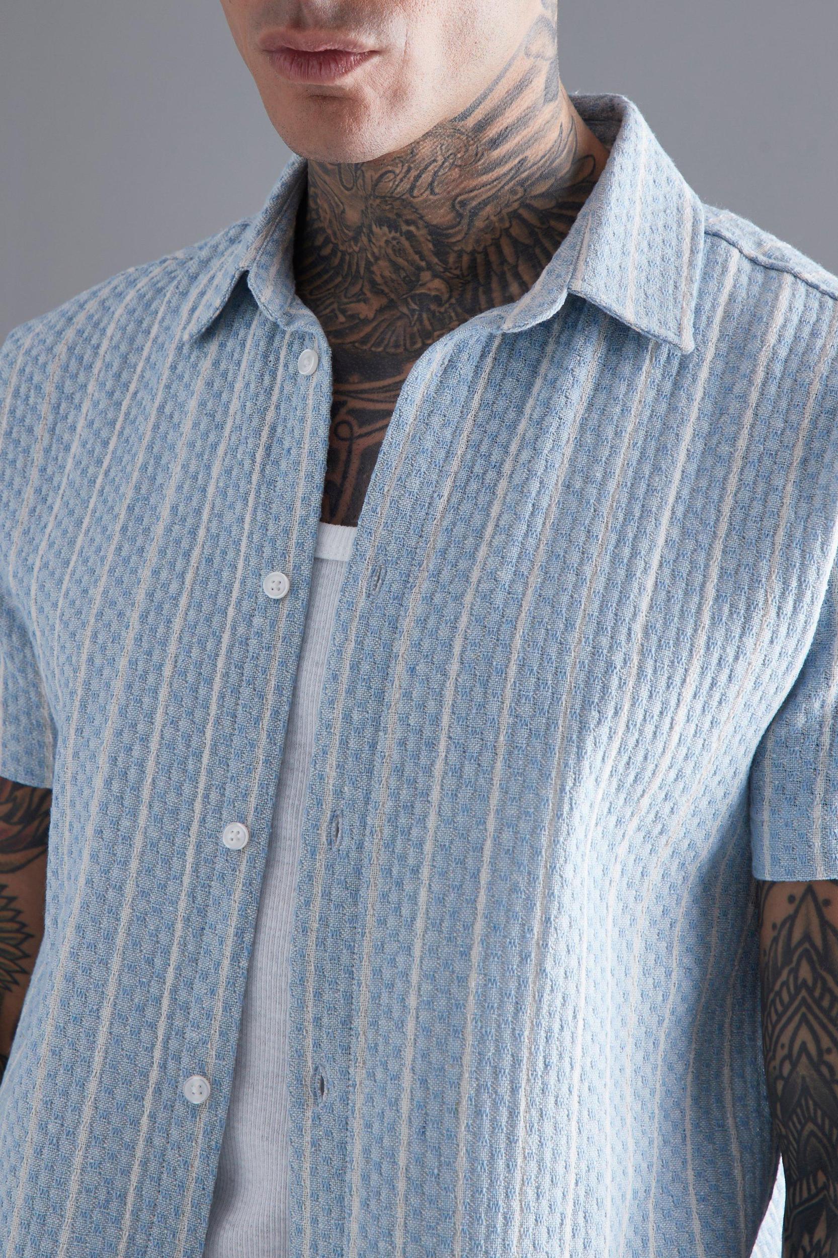 Short Sleeve Textured Stripe Regular Fit Shirt | boohooMAN USA Product Image