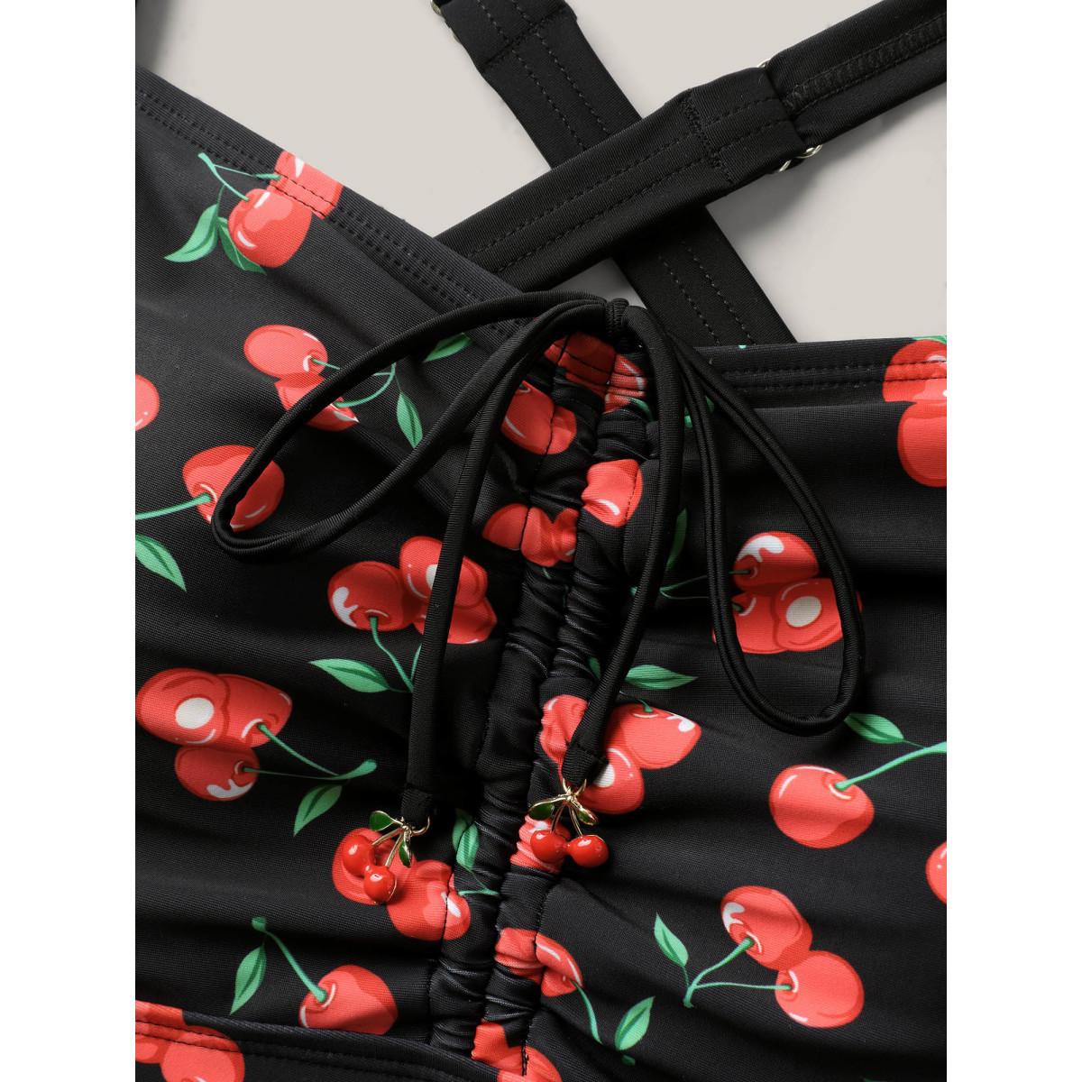 Plus Size Cherry Print Ruched Drawstring Swim Top Women's Swimwear Black Resort High stretch Skinny Heart neckline Curve Swim Tops BloomChic 18-20/2X Product Image