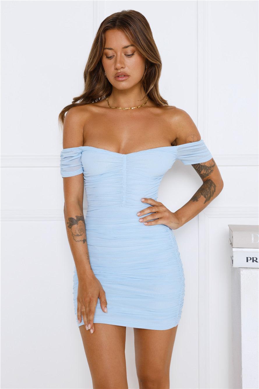Gorgeous Nights Off Shoulder Mini Dress Blue Product Image