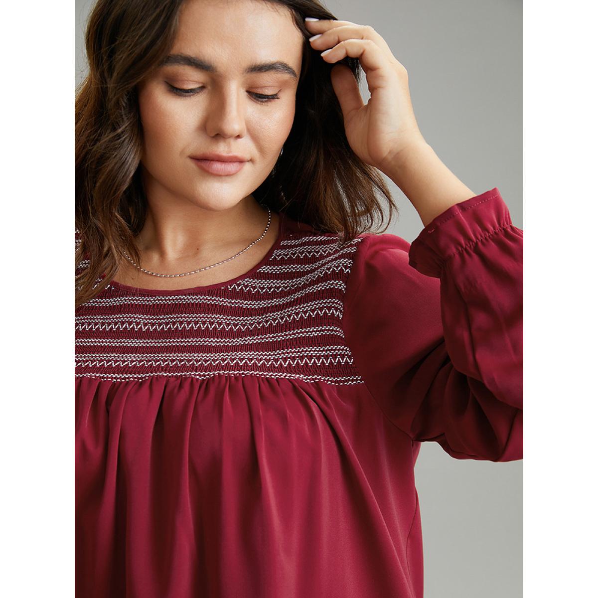 Plus Size Scarlet Contrast Trim Plicated Detail Flutter Sleeve Blouse Women Office Long Sleeve Round Neck Office Blouses BloomChic 30/6X Product Image