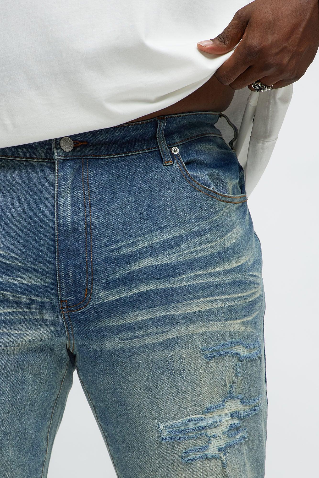 Side Snake Rip And Repair Stacked Skinny Jeans - Vintage Blue Wash Product Image