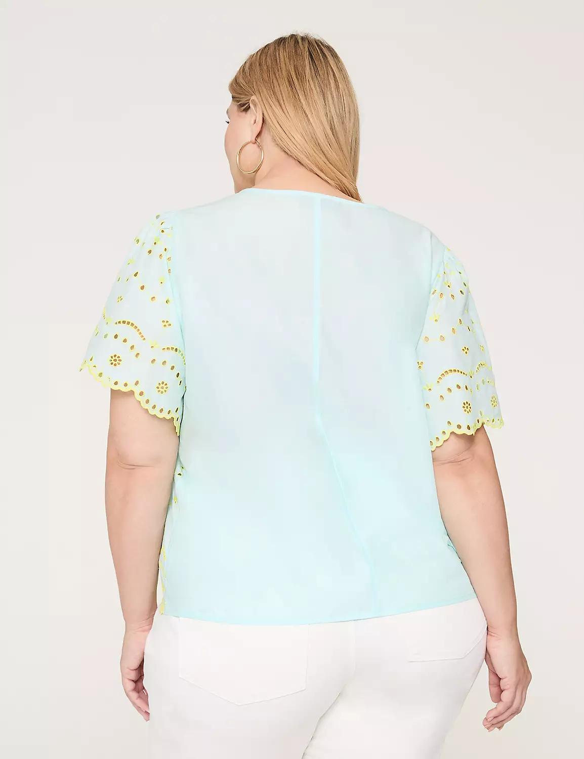 Eyelet Flutter-Sleeve Notch-Neck Top Product Image