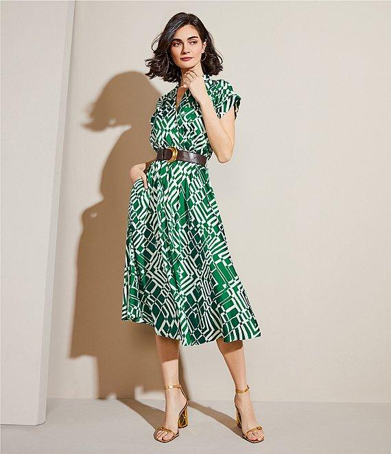 Donna Karan Twill Collared V-Neck Short Sleeve Belted A-Line Midi Dress Product Image