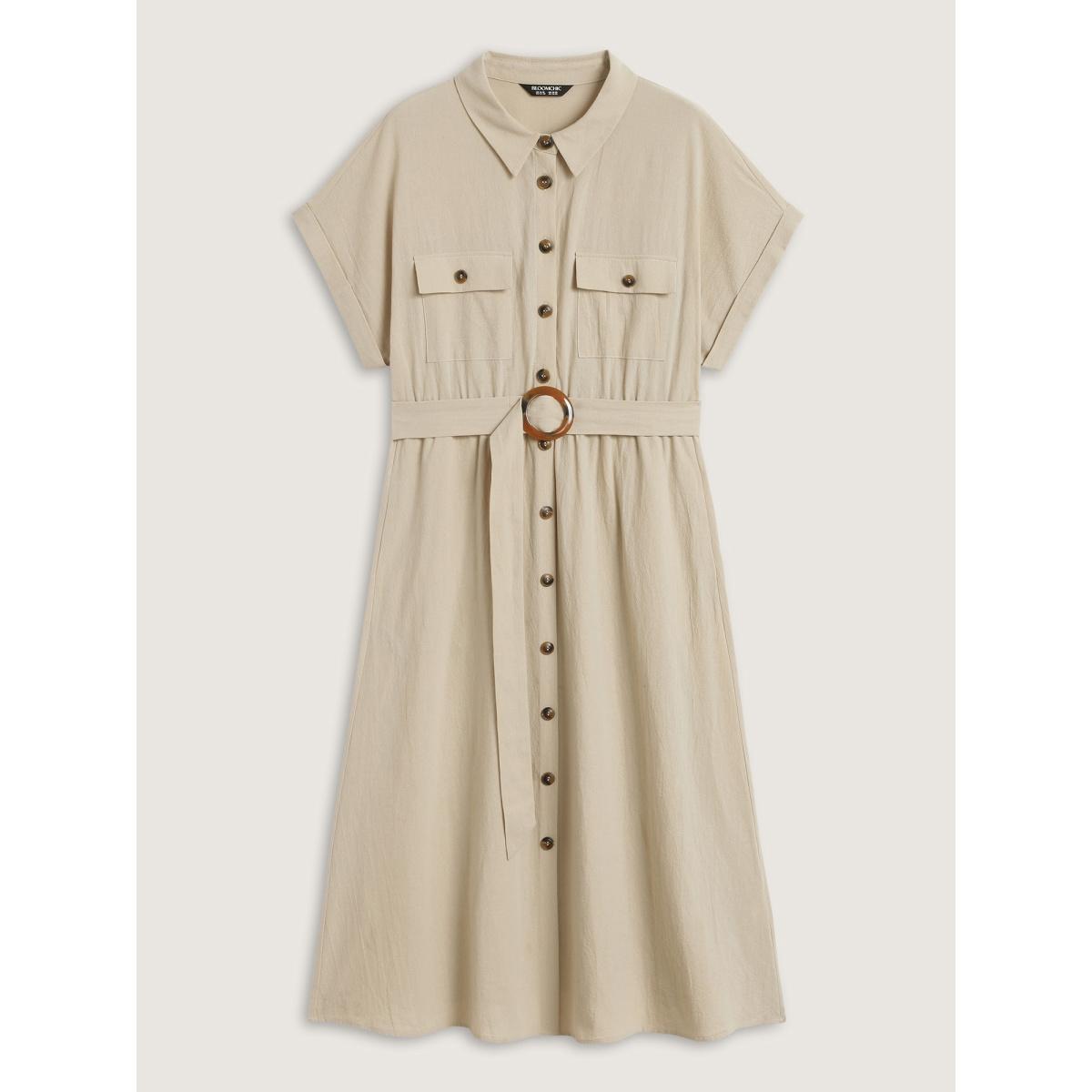 Plus Size Pure Cotton Button-Front Belted Midi Dress Apricot Women Office Belted Shirt collar Short sleeve Curvy BloomChic 14-16/1X Product Image