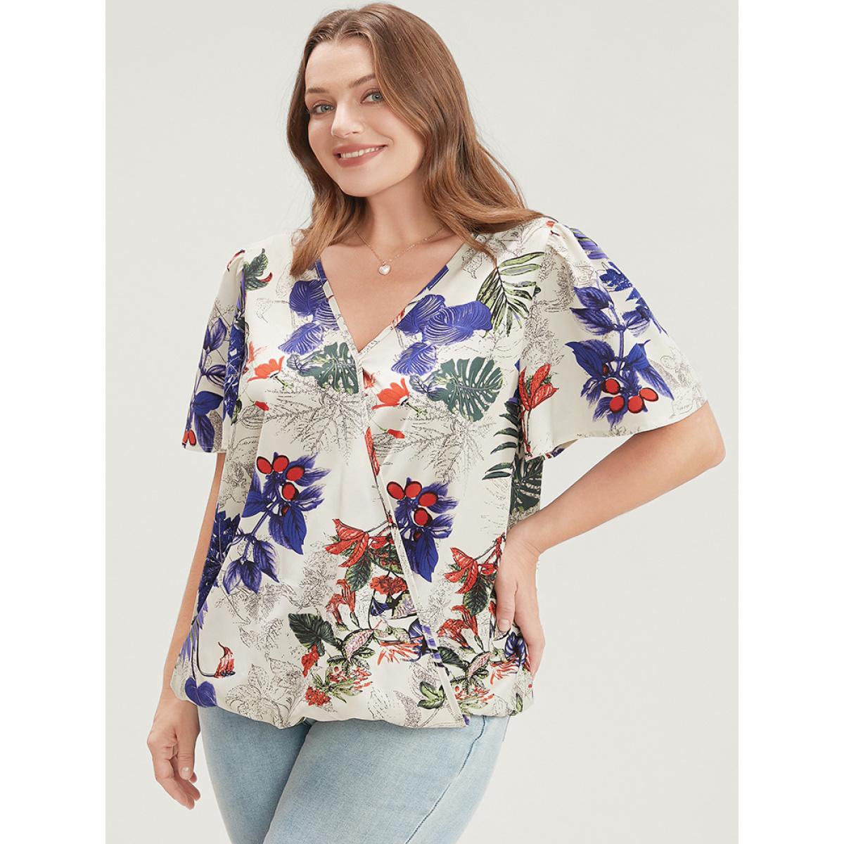 Plus Size Beige Plant & Floral Ruffle Sleeve Surplice Neck Blouse Women Vacation Short sleeve V-neck Dailywear Blouses BloomChic 14-16/1X Product Image