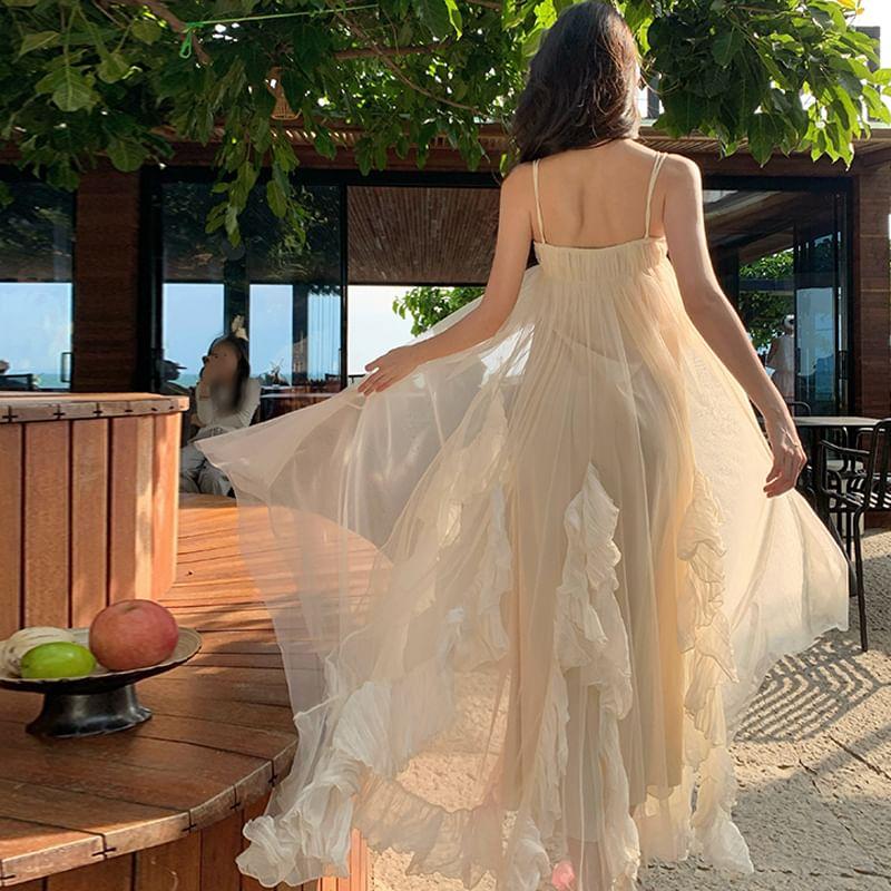 Spaghetti Strap Two-Tone Ruffled Maxi Sundress Product Image
