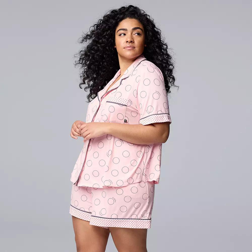 Plus Size Simply Vera Vera Wang Cozy Short Sleeve Notch Collar Pajama Top & Boxer Pajama Shorts Set, Women's, Size: 2XL, Blush Circles Product Image