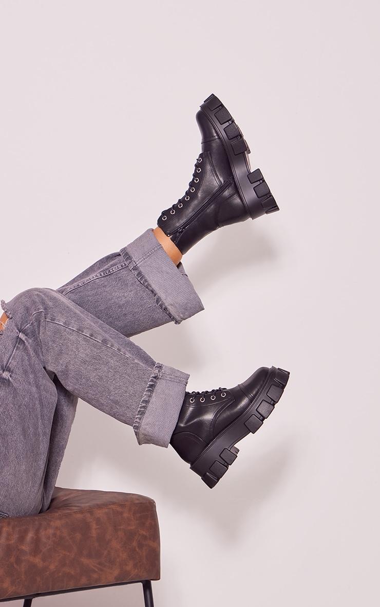 Black Lace Up Extreme Cleated Sole Combat Boots Product Image