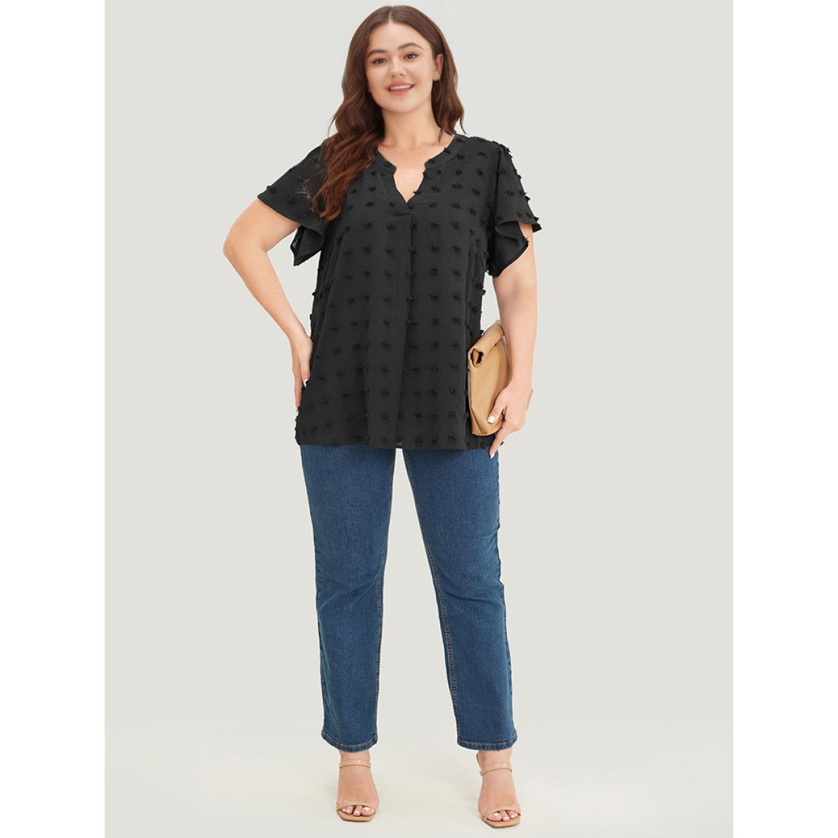 Plus Size Black Polka Dot Notched Neck Flutter Sleeve Blouse Women Office Short sleeve Notched collar Dailywear Blouses BloomChic 14-16/1X Product Image