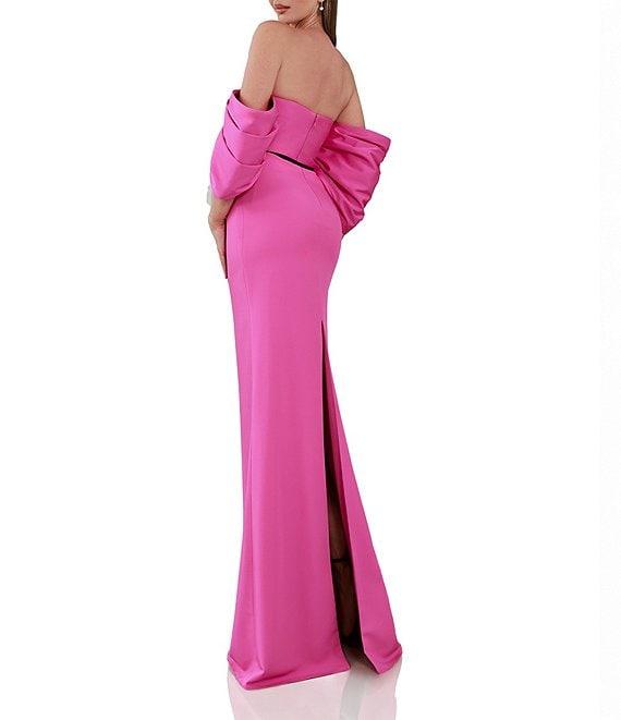 Terani Couture Off-The-Shoulder Draped Short Sleeves Matte Satin Column Gown Product Image