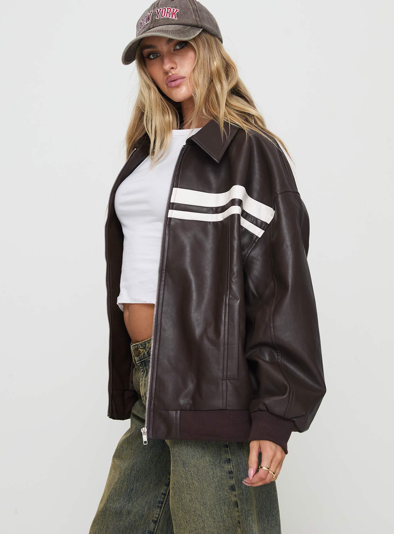 Goldsmith Faux Leather Bomber Jacket Chocolate / White Product Image
