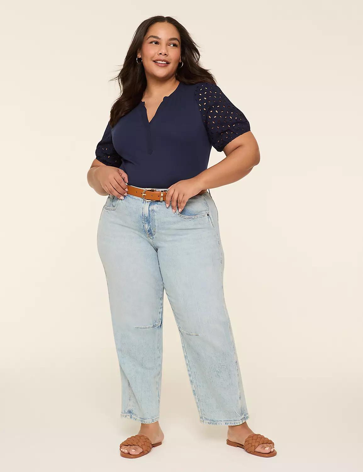 Eyelet-Sleeve Notch-Neck Rib Top Product Image