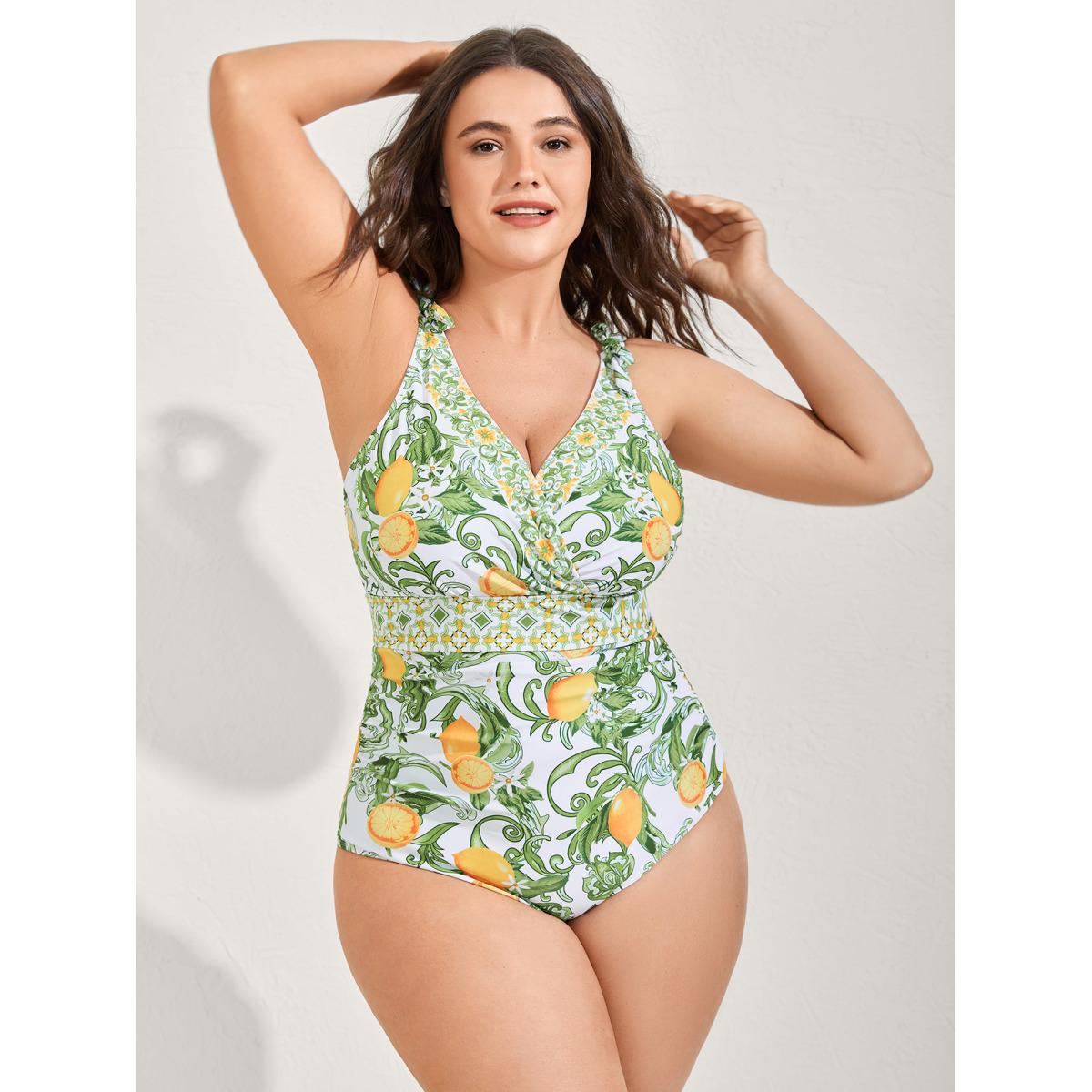 Plus Size Two-Piece Citrus Print Sarong Swimsuit Women's Swimwear Truegreen Resort Tie knot Curve Bathing Suits High stretch One Pieces BloomChic 12/L Product Image