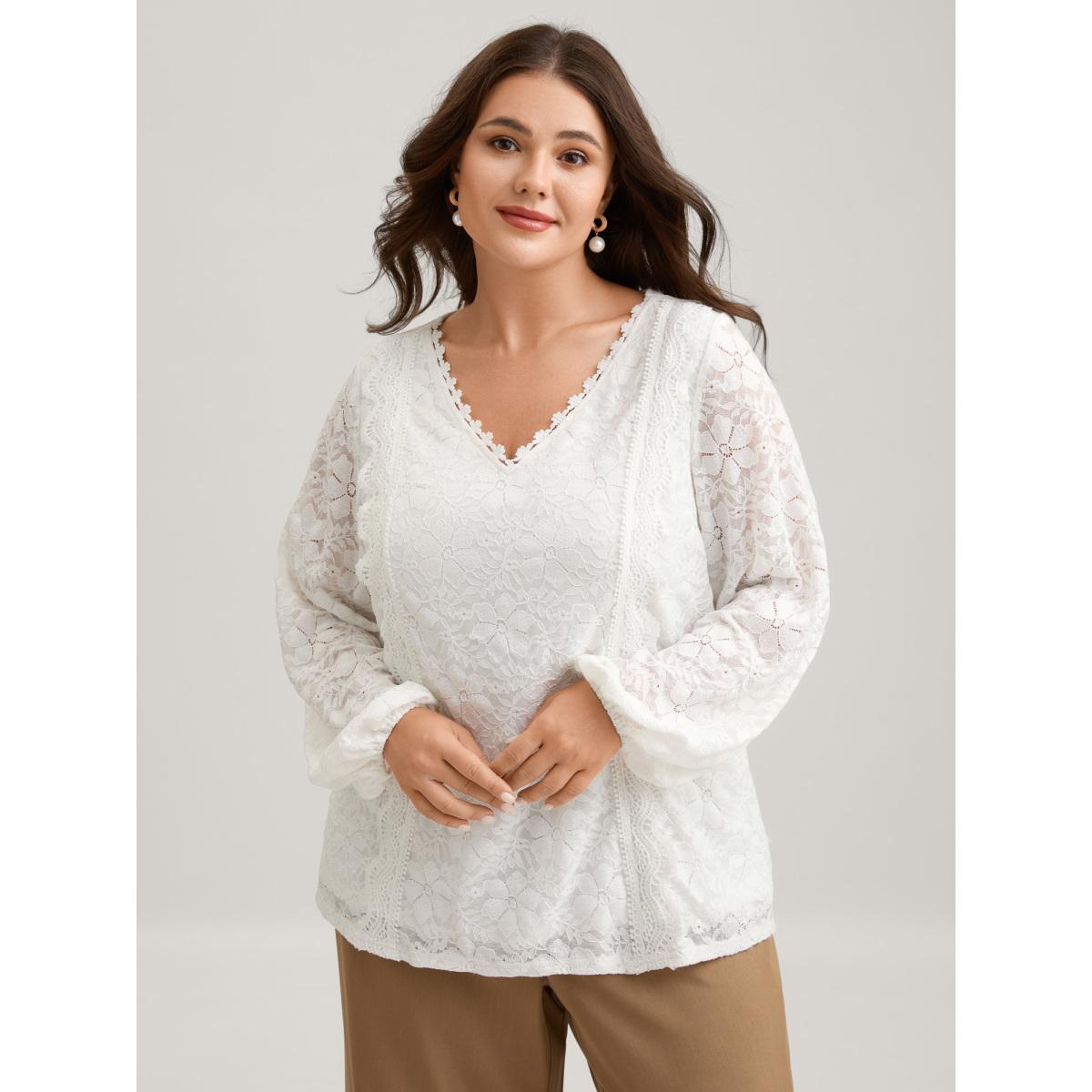 Plus Size WhiteSmoke Stretchy Floral Lace V-Neck Blouse Women Extra Long Sleeve V-neck Elegant Blouses BloomChic 22-24/3X Product Image