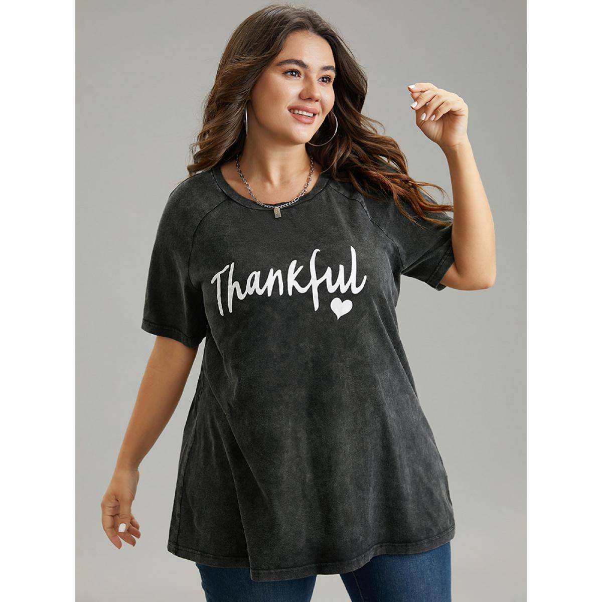 Plus Size Vintage Letter Print Round Neck Raglan Sleeve T-shirt Black Women Casual Printed Positive slogan Festival-Christmas T-shirts BloomChic 12/L Product Image