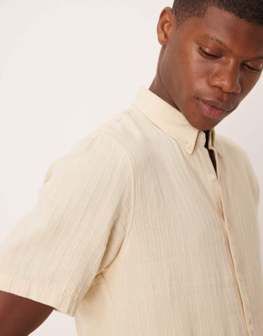 Abercrombie & Fitch textured linen collar detail short sleeve shirt in cream Product Image