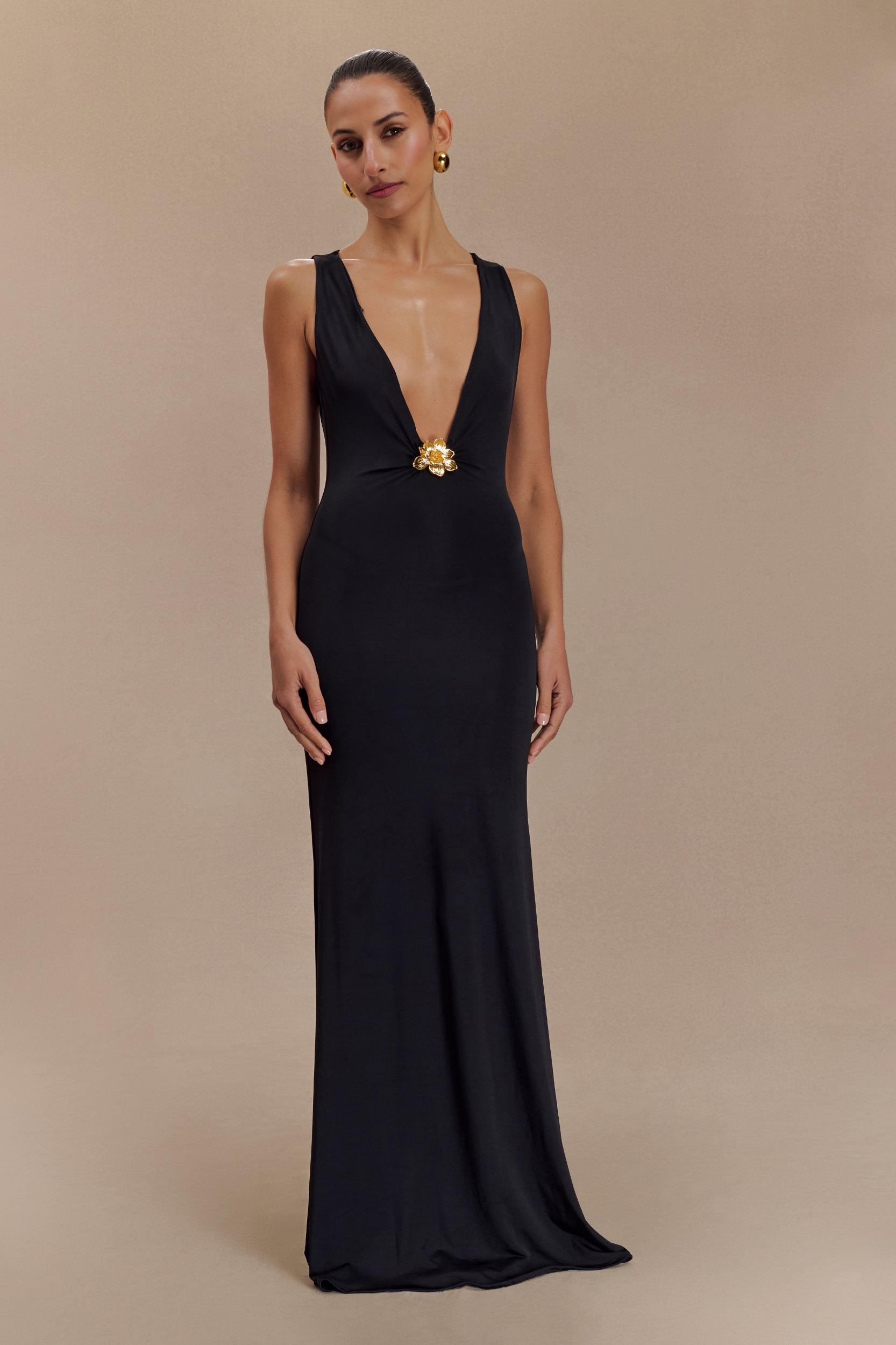 Beck Plunge Maxi Dress With Floral Hardware - Black Product Image