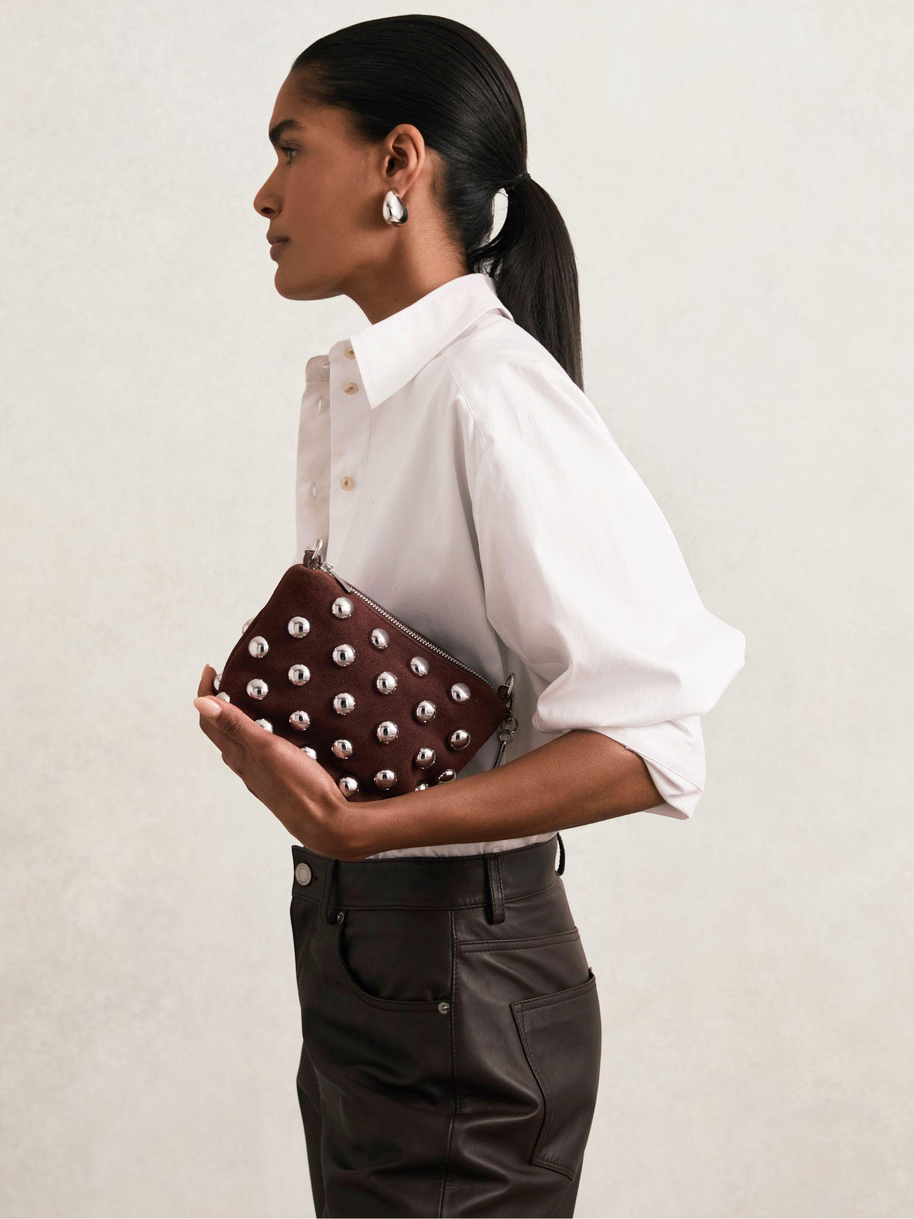 Suede Studded Shoulder Bag in Oxblood Product Image