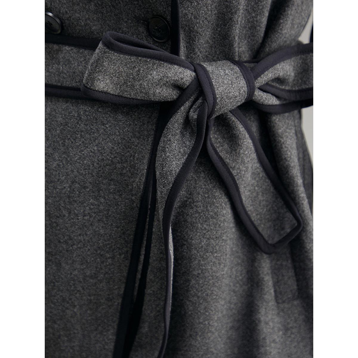 Plus Size Lapel Collar Contrast Trim Belted Button Up Coat Women DimGray Casual Belted Ladies Dailywear Winter Coats BloomChic 30/6X Product Image