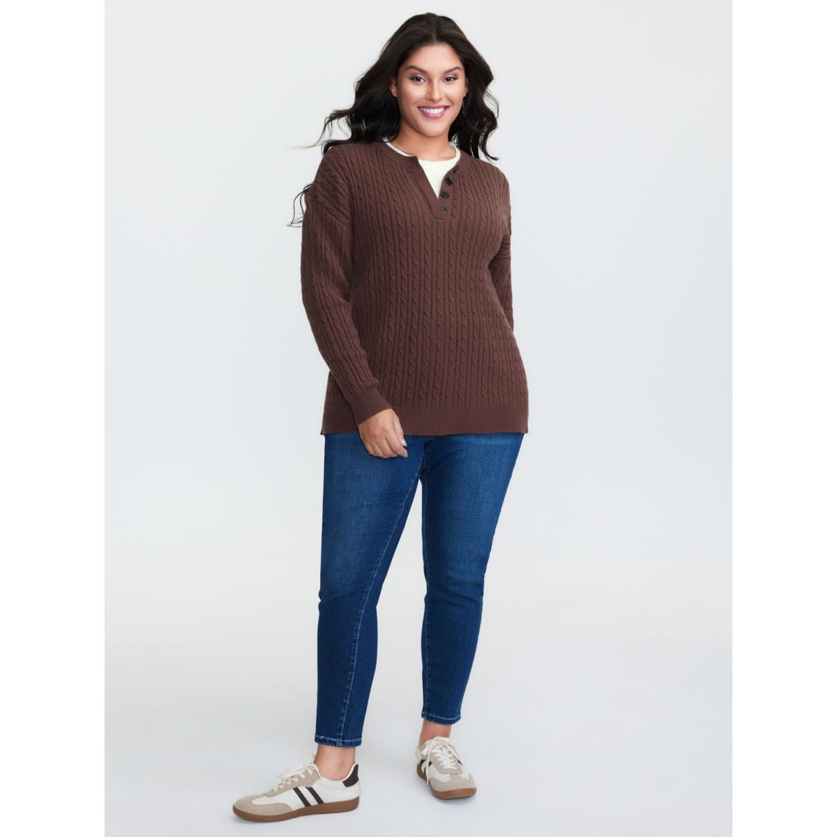 Plus Size Supersoft Cable Knit Henley Pullover Browncoffeecolor Women Leisure Loose Long Sleeve Round Neck Casual Pullovers BloomChic 18-20/2X Product Image
