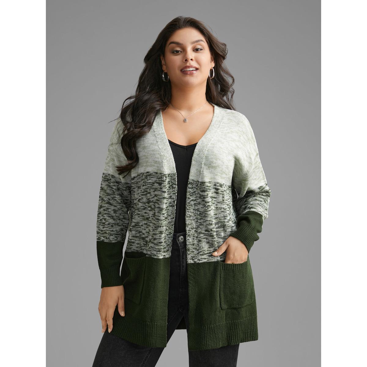 Plus Size Heather Colorblock Contrast Patched Pocket Cardigan ArmyGreen Women Casual Loose Long Sleeve Everyday Cardigans BloomChic 28/5X Product Image