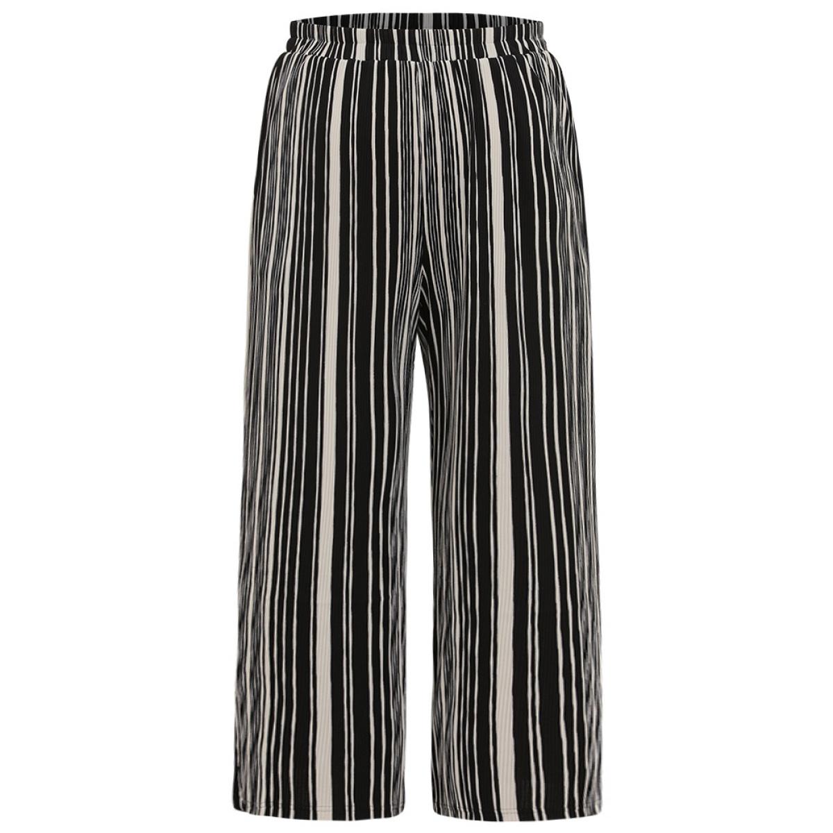 Plus Size Striped Elastic Waist Pocket Loose Pants Women Black Casual Wide Leg High Rise Dailywear Pants BloomChic 30/6X Product Image