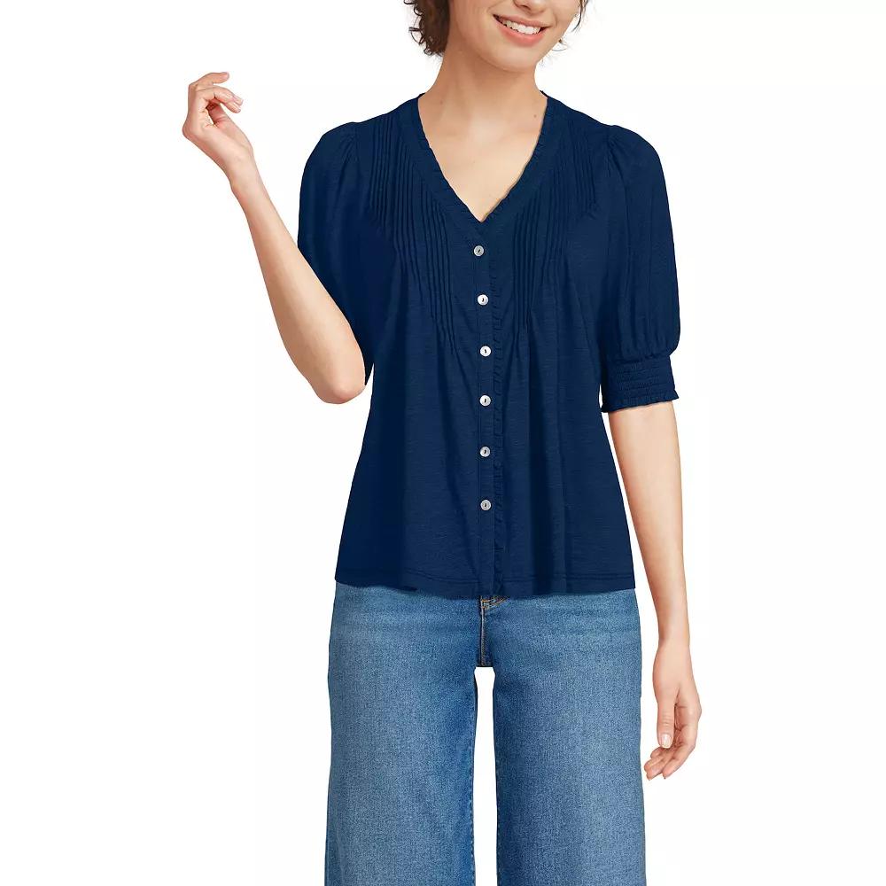 Women's Lands' End Button Pintuck Puff Sleeve Top,  Product Image