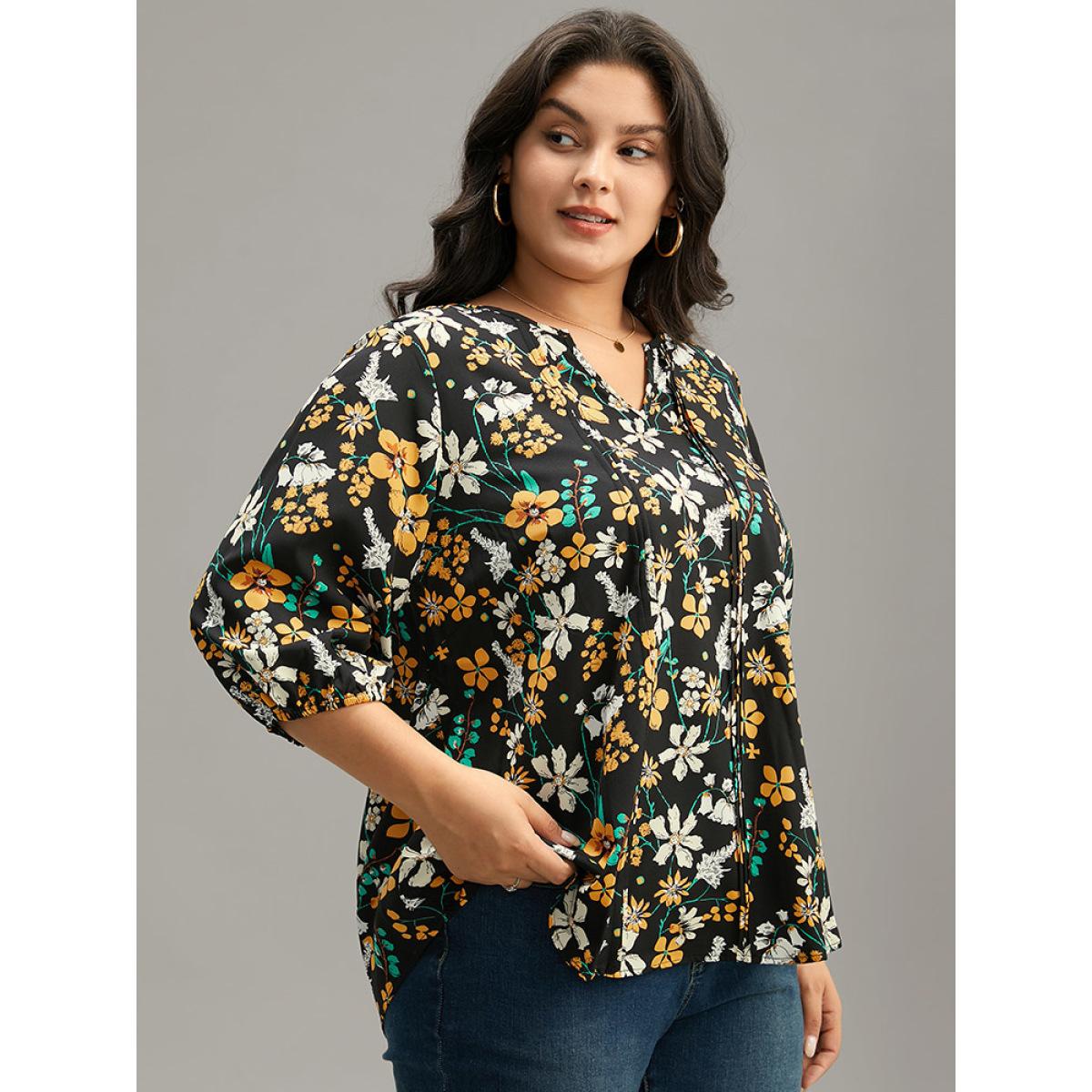 Plus Size Black Floral Print Pleated Notched Lantern Sleeve Blouse Women Elegant Elbow-length sleeve Notched collar Dailywear Blouses BloomChic 10/M Product Image