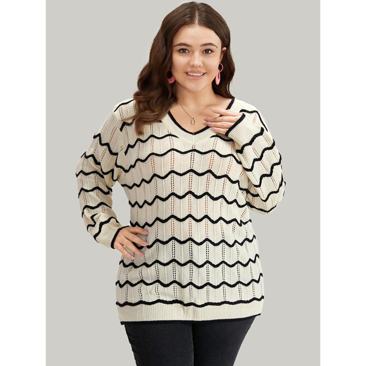 Plus Size Striped Drop Shoulder Cut Out Bodycon Pullover Beige Women Casual Bodycon Long Sleeve V-neck Everyday Pullovers BloomChic 18-20/2X Product Image