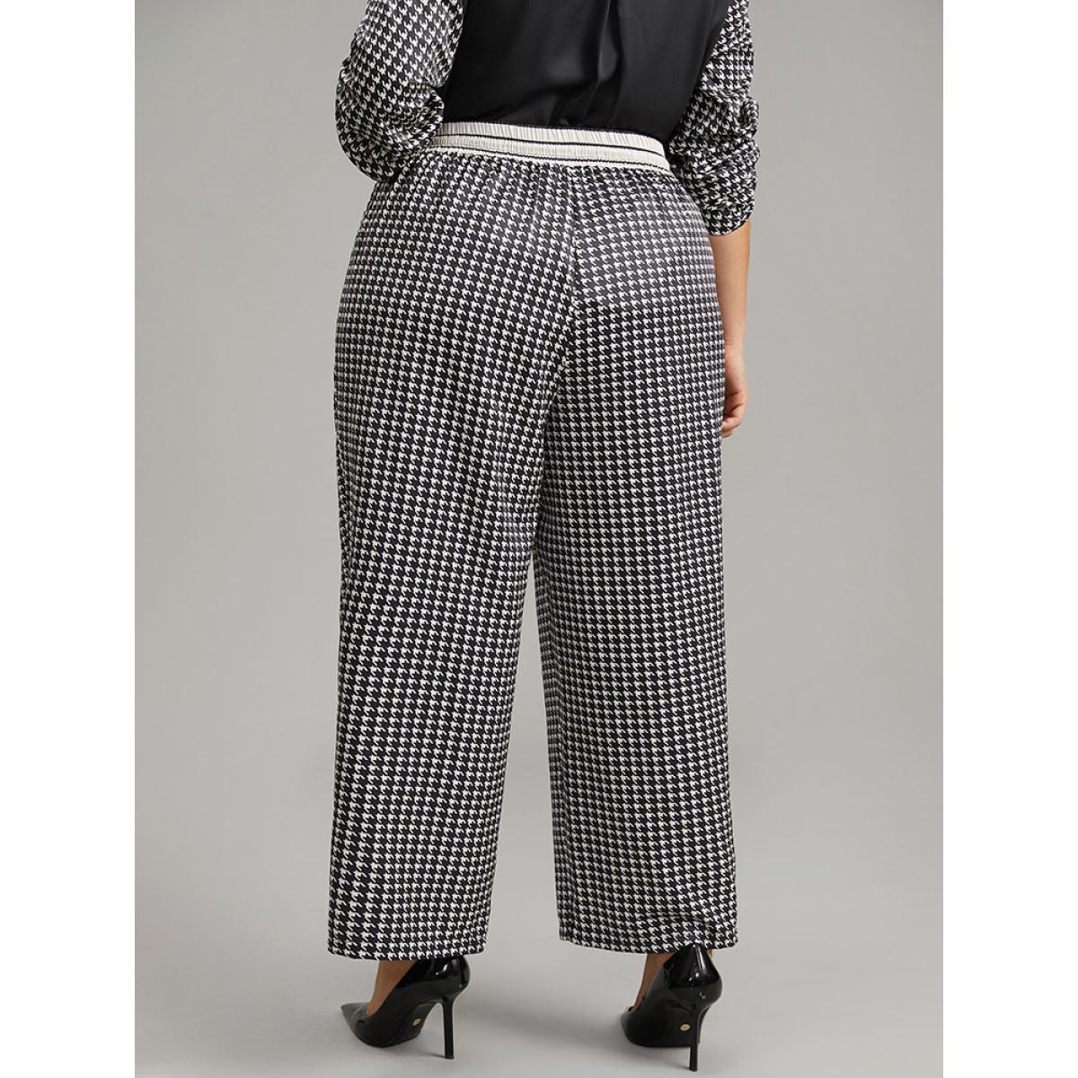 Plus Size Houndstooth Drawstring Straight Leg Pants Women Black Office Straight Leg High Rise Work Pants BloomChic 14-16/1X Product Image