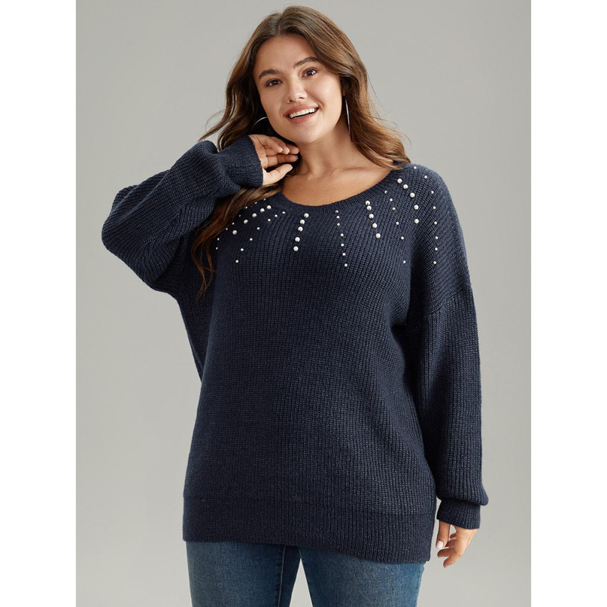 Plus Size Beaded Round Neck Elastic Cuffs Pullover Midnight Women Casual Loose Long Sleeve Round Neck Dailywear Pullovers BloomChic 12/L Product Image