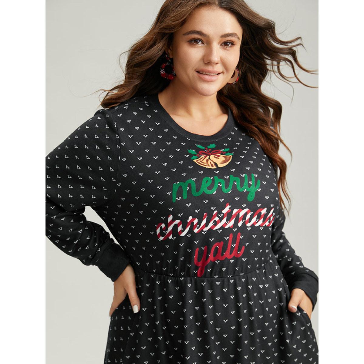 Plus Size Christmas Letter Print Pocket Elastic Waist Dress Black Women Casual Printed Round Neck Long Sleeve Curvy Midi Dress BloomChic 28/5X Product Image