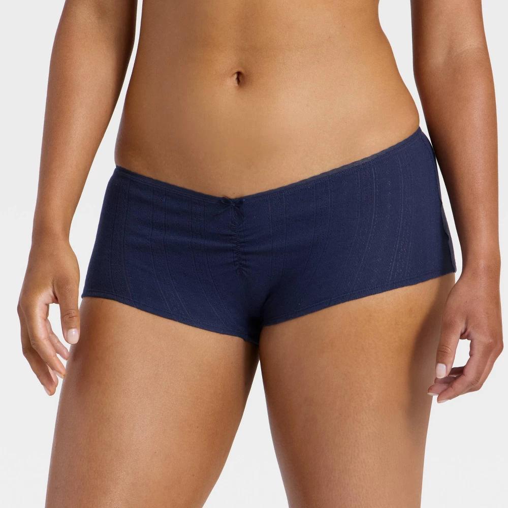 Women's Pointelle Ruched Front Boy Shorts - Wild Fable™ Blue L Product Image
