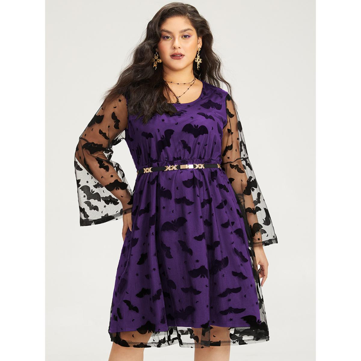 Plus Size Halloween Bat Print Mesh Long Sleeve Dress Purple Women Elegant See through Round Neck Long Sleeve Curvy Midi Dress BloomChic 12/L Product Image