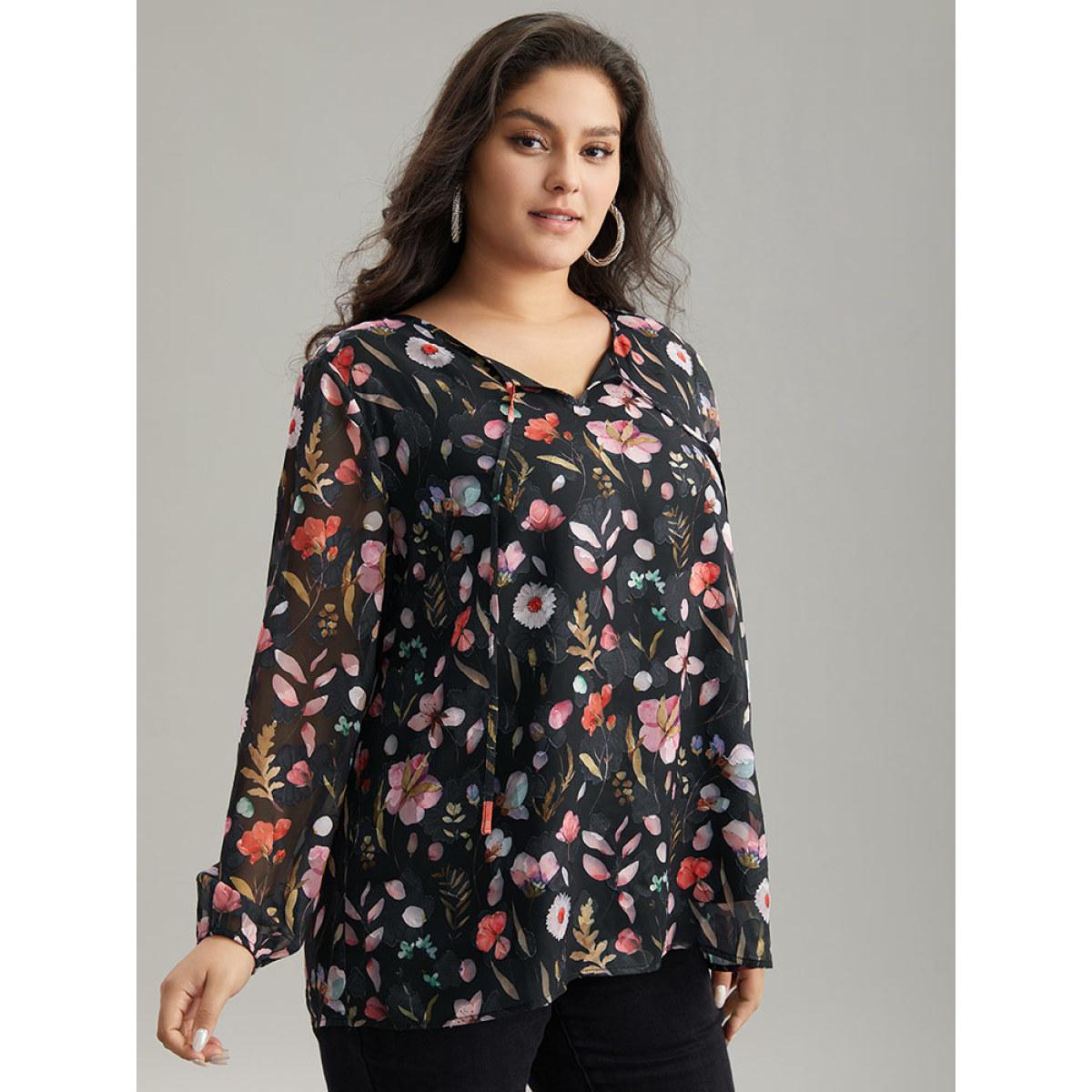 Plus Size BlackFlower Floral Print Chiffon Knot Neck Lantern Sleeve Blouse Women Elegant Long Sleeve Tie Neck Dailywear Blouses BloomChic 22-24/3X Product Image