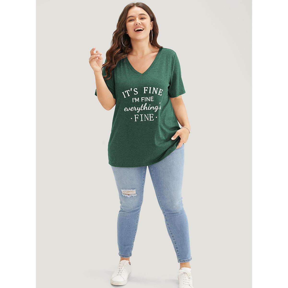 Plus Size Letter Print V Neck T-shirt Emerald Women Casual Positive slogan Dailywear T-shirts BloomChic 18-20/2X Product Image