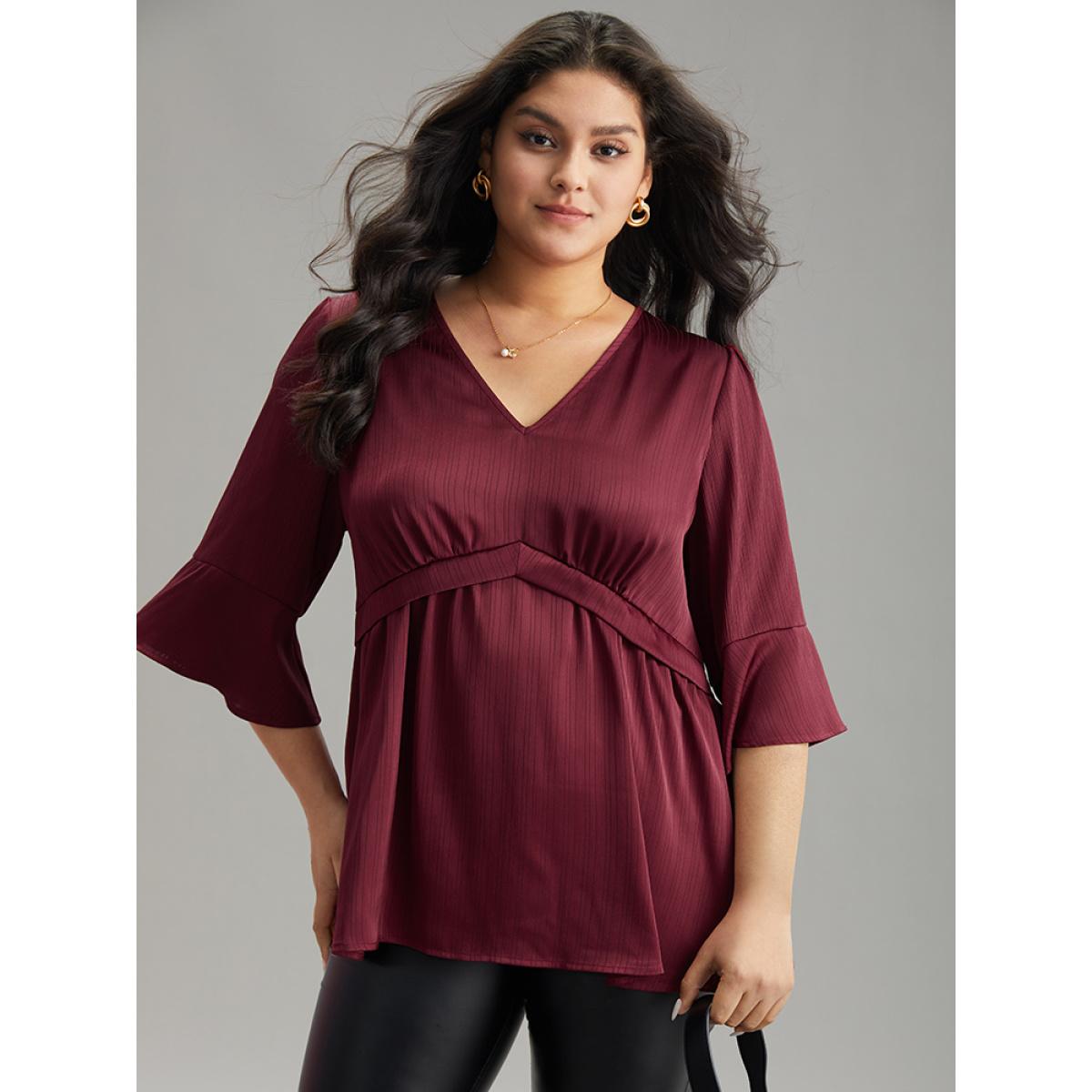 Plus Size Scarlet Anti-Wrinkle V Neck Gathered Ruffle Sleeve Blouse Women Office Elbow-length sleeve V-neck Office Blouses BloomChic 18-20/2X Product Image