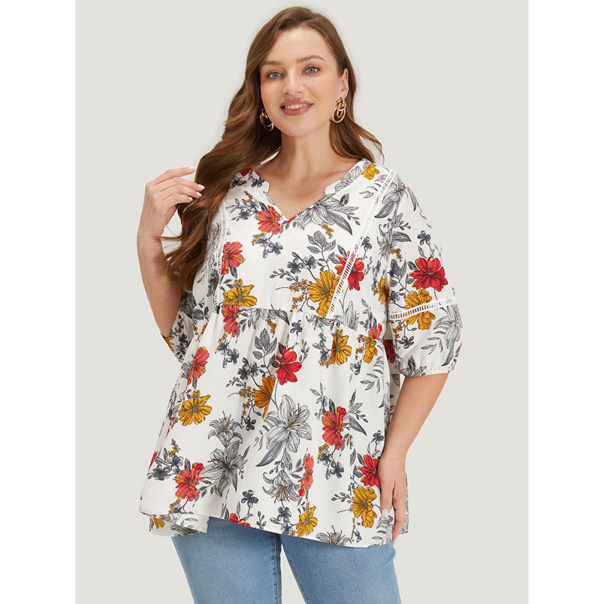 Plus Size White Floral Lantern Sleeve Lace Gathered Notched Blouse Women Elegant Elbow-length sleeve Notched collar Dailywear Blouses BloomChic 28/5X Product Image