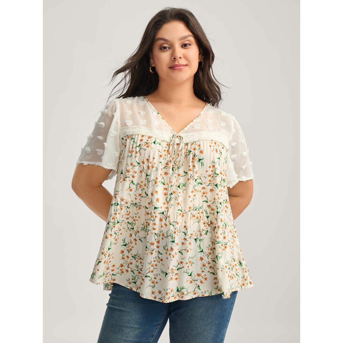 Plus Size Beige Floral Print Lace Sheer Sleeve Blouse Women Romantic Short sleeve V-neck Elegant Blouses BloomChic 30/6X Product Image