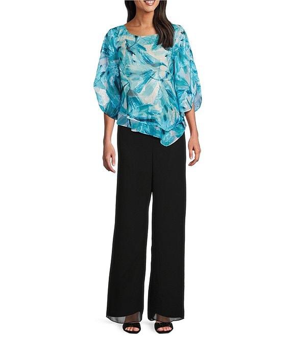 Alex Evenings Chiffon Boat Neck 3/4 Sleeve Abstract Floral Print Double Tier Hem Blouse Product Image