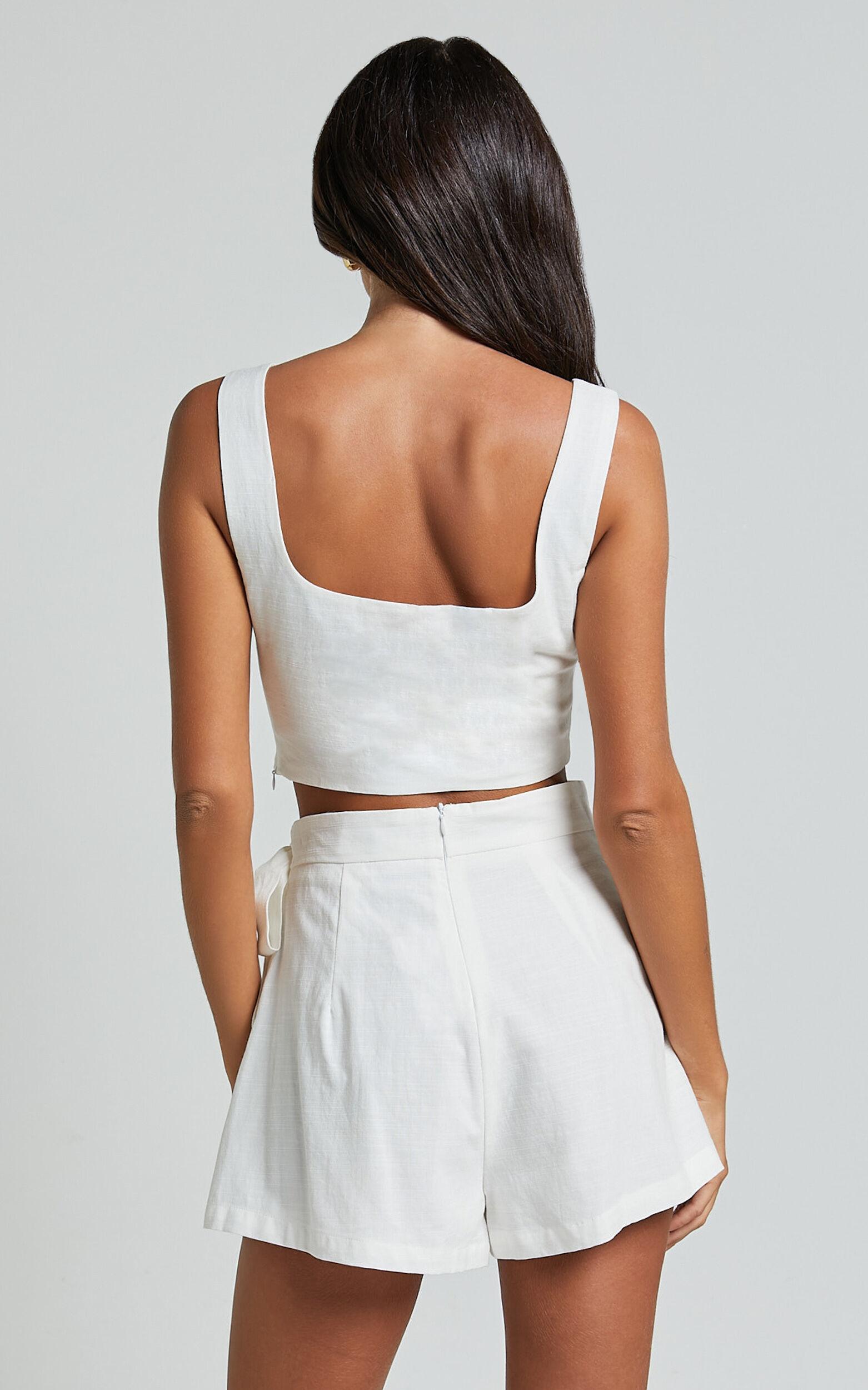 Polina Two Piece Set - Linen Square Neck Crop Top and Tie Waist Skort Set in White Product Image