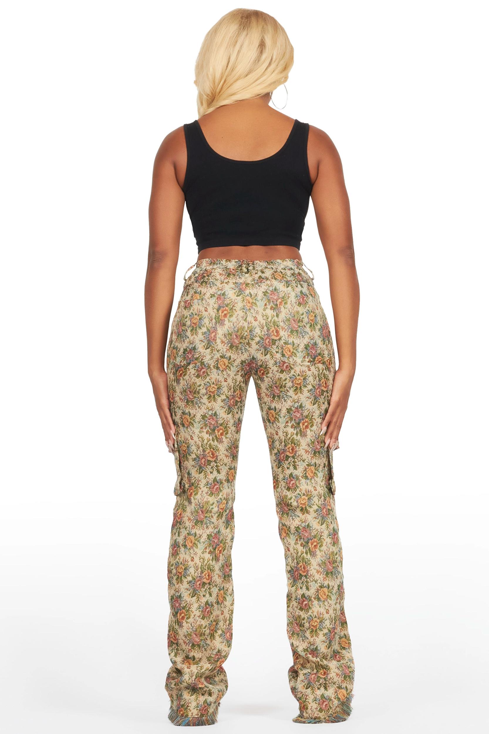 Niyah Tan Floral Tapestry Stacked Pant Female Product Image