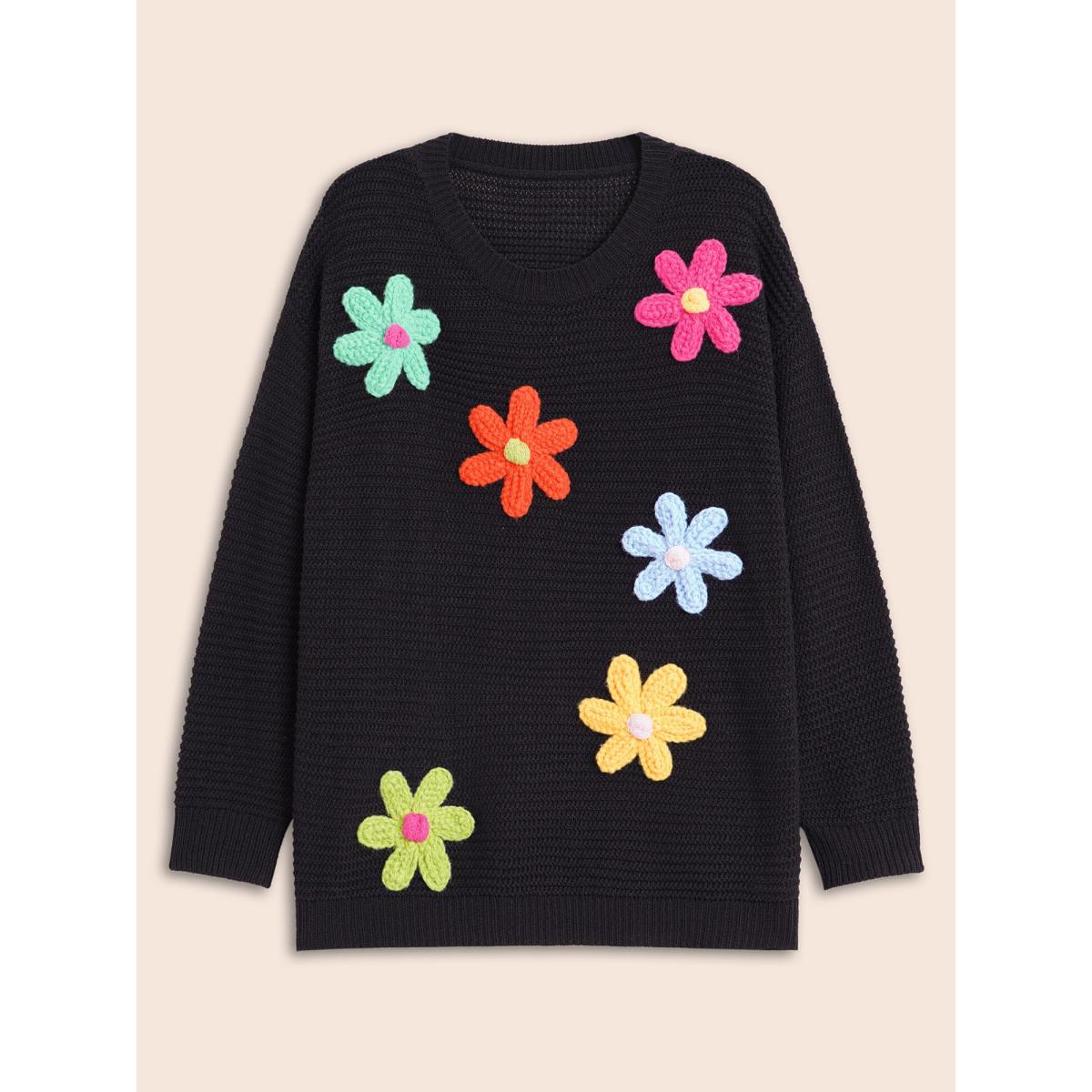 Plus Size Colored Crochet Floral Drop Shoulder Sleeve Pullover Black Women Casual Loose Three Quater Length Sleeve Round Neck Everyday Pullovers BloomChic 12/L Product Image