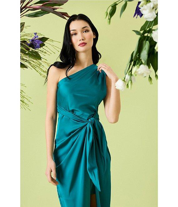 Donna Morgan One Shoulder Tie Waist Draped Skirt Midi Dress Product Image