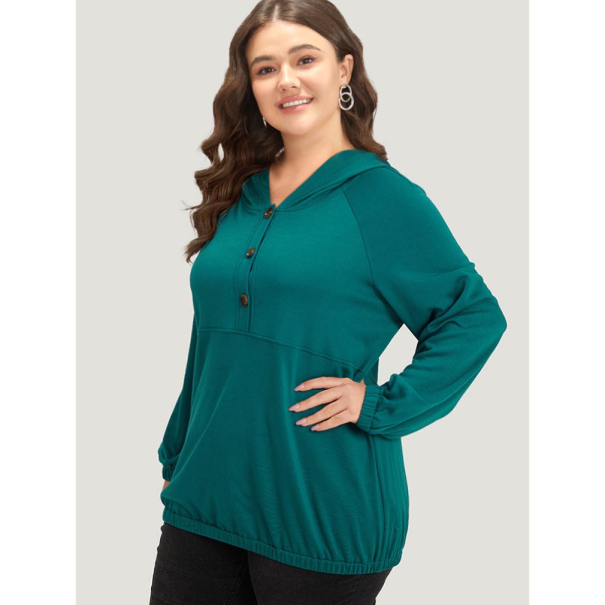 Plus Size Plain Button Up Pocket Hooded Raglan Sleeve Sweatshirt Women Cyan Casual Elastic cuffs Hooded Dailywear Sweatshirts BloomChic 10/M Product Image